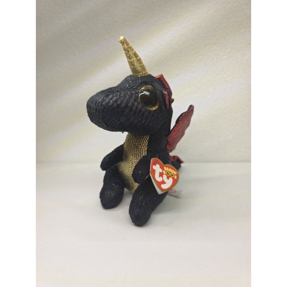 Ty Beanie Boo Baby GRINDAL Black Dragon Gold Unicorn 6" Plush Stuffed Toy 2019